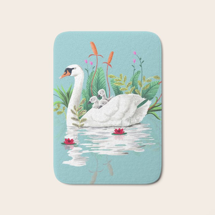 Bond, Jungle Animals, Swan Family Nature Pond Illustration, Bohemian Ducks Love Colorful Botanical Bath Mat Gallery Image 1