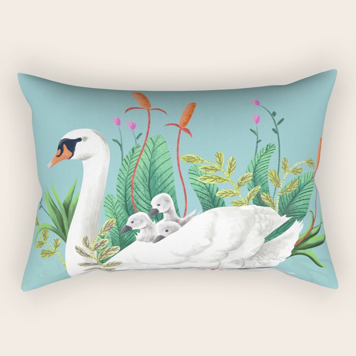 Bond, Jungle Animals, Swan Family Nature Pond Illustration, Bohemian Ducks Love Colorful Botanical Rectangular Pillow Gallery Image 1
