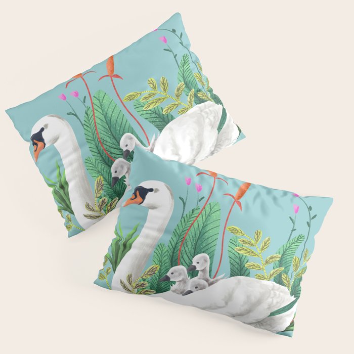 Bond, Jungle Animals, Swan Family Nature Pond Illustration, Bohemian Ducks Love Colorful Botanical Pillow Sham Gallery Image 1