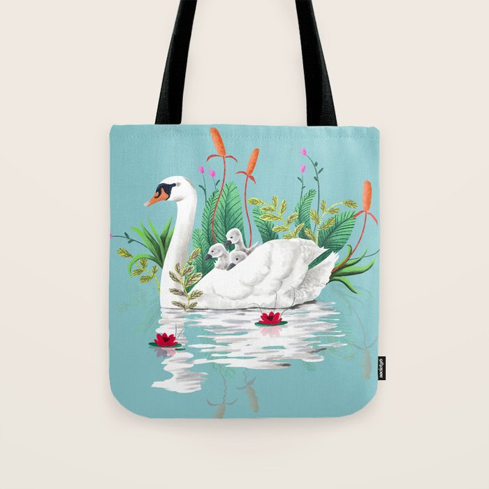 Bond, Jungle Animals, Swan Family Nature Pond Illustration, Bohemian Ducks Love Colorful Botanical Tote Bag Gallery Image 1