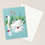 Bond, Jungle Animals, Swan Family Nature Pond Illustration, Bohemian Ducks Love Colorful Botanical Stationery Card Gallery Image 2