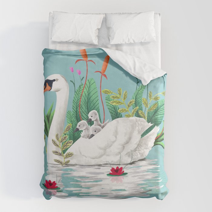 Bond, Jungle Animals, Swan Family Nature Pond Illustration, Bohemian Ducks Love Colorful Botanical Duvet Cover Gallery Image 6