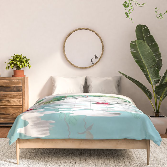 Bond, Jungle Animals, Swan Family Nature Pond Illustration, Bohemian Ducks Love Colorful Botanical Comforter Gallery Image 3