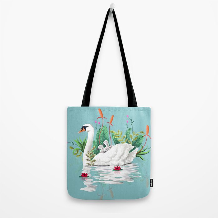 Bond, Jungle Animals, Swan Family Nature Pond Illustration, Bohemian Ducks Love Colorful Botanical Tote Bag Gallery Image 2