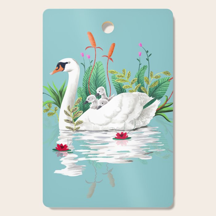 Bond, Jungle Animals, Swan Family Nature Pond Illustration, Bohemian Ducks Love Colorful Botanical Cutting Board Gallery Image 1
