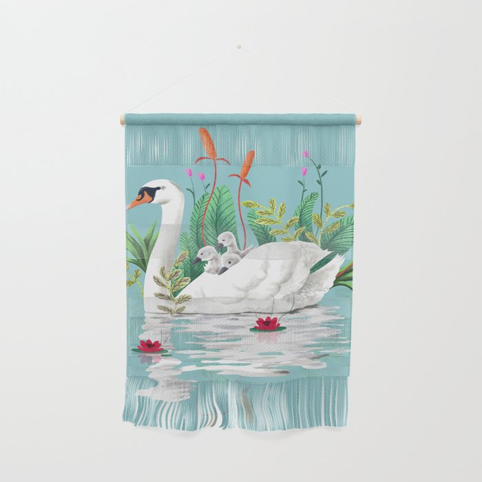 Bond, Jungle Animals, Swan Family Nature Pond Illustration, Bohemian Ducks Love Colorful Botanical Wall Hanging Gallery Image 1