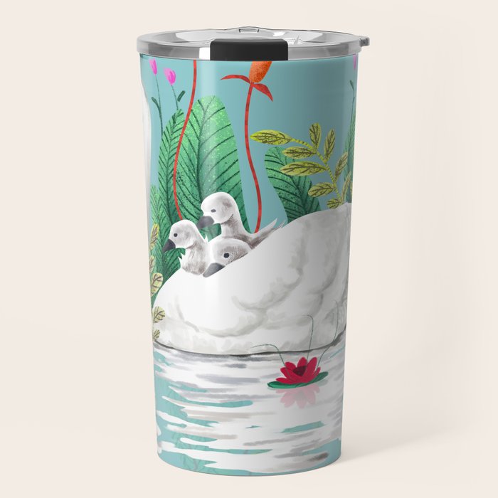 Bond, Jungle Animals, Swan Family Nature Pond Illustration, Bohemian Ducks Love Colorful Botanical Travel Mug Gallery Image 1