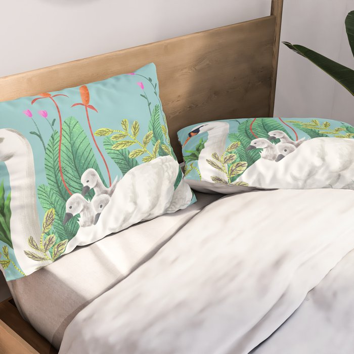 Bond, Jungle Animals, Swan Family Nature Pond Illustration, Bohemian Ducks Love Colorful Botanical Pillow Sham Gallery Image 2