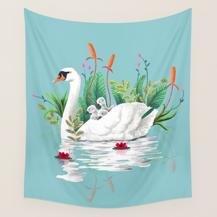 Bond, Jungle Animals, Swan Family Nature Pond Illustration, Bohemian Ducks Love Colorful Botanical Wall Tapestry Gallery Image 4