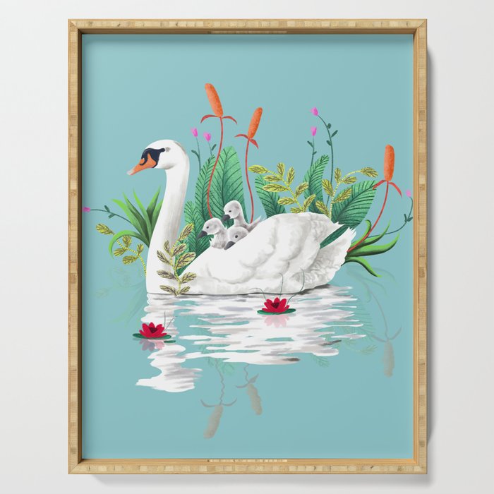 Bond, Jungle Animals, Swan Family Nature Pond Illustration, Bohemian Ducks Love Colorful Botanical Serving Tray Gallery Image 1