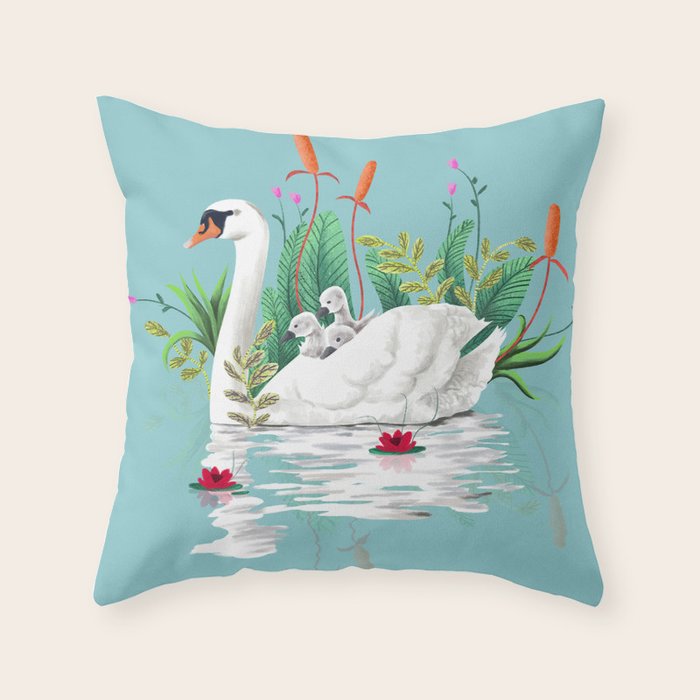 Bond, Jungle Animals, Swan Family Nature Pond Illustration, Bohemian Ducks Love Colorful Botanical Throw Pillow Gallery Image 6