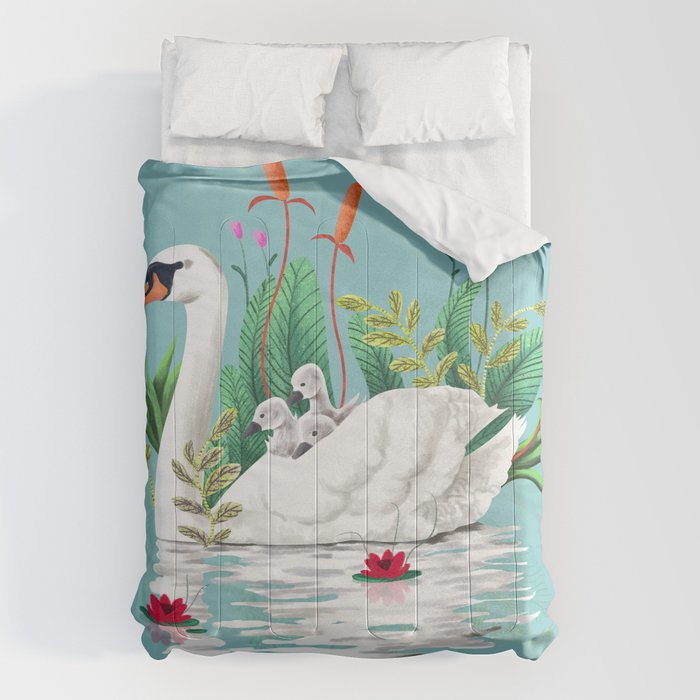Bond, Jungle Animals, Swan Family Nature Pond Illustration, Bohemian Ducks Love Colorful Botanical Comforter Gallery Image 6