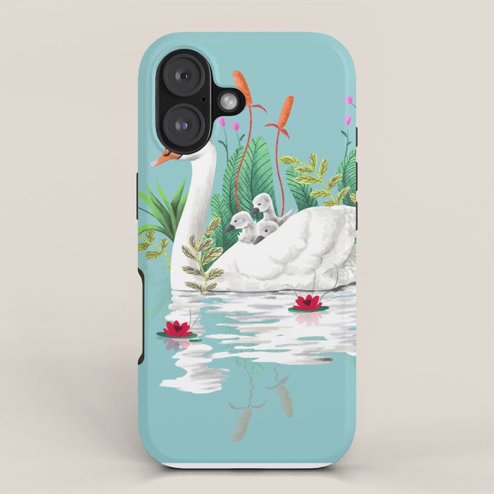Bond, Jungle Animals, Swan Family Nature Pond Illustration, Bohemian Ducks Love Colorful Botanical iPhone Case Gallery Image 1