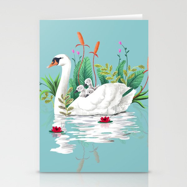 Bond, Jungle Animals, Swan Family Nature Pond Illustration, Bohemian Ducks Love Colorful Botanical Stationery Card Gallery Image 2