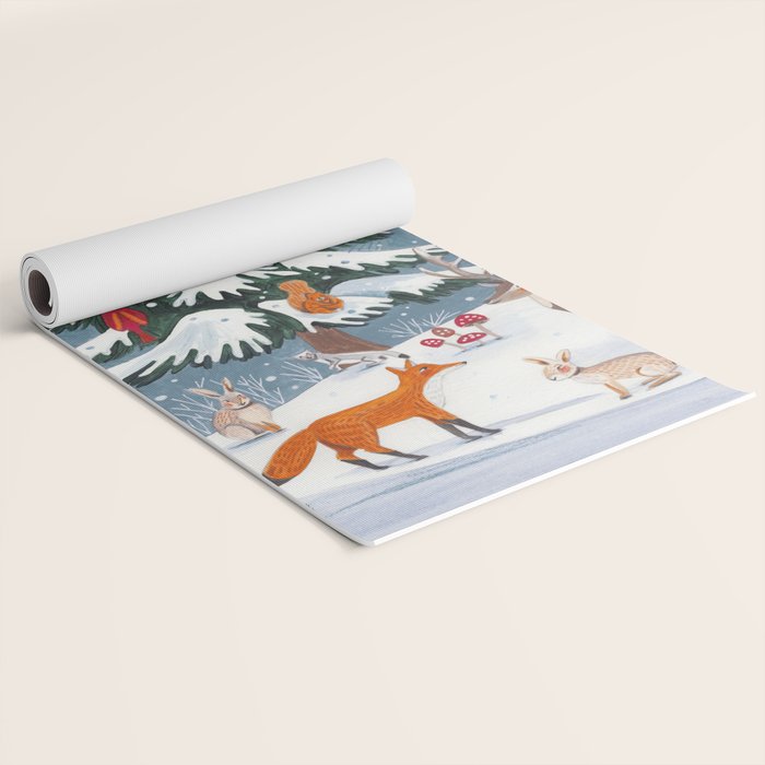 Animals in a Snowy Winter Forest Yoga Mat Gallery Image 2