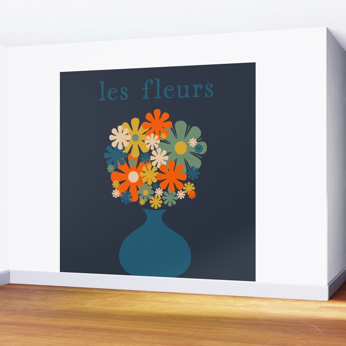 Les Fleurs Cheerful Retro Flowers in Vase Blue Wall Mural Gallery Image 2