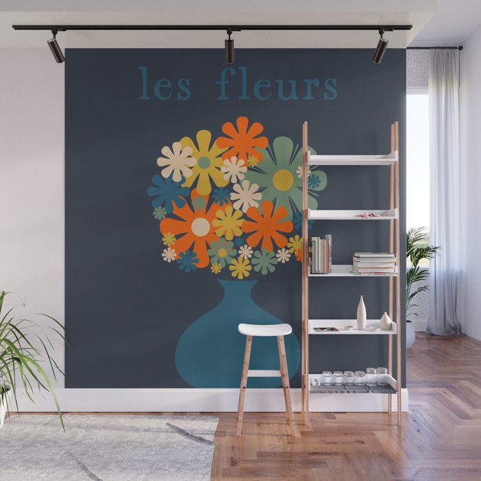 Les Fleurs Cheerful Retro Flowers in Vase Blue Wall Mural Gallery Image 1