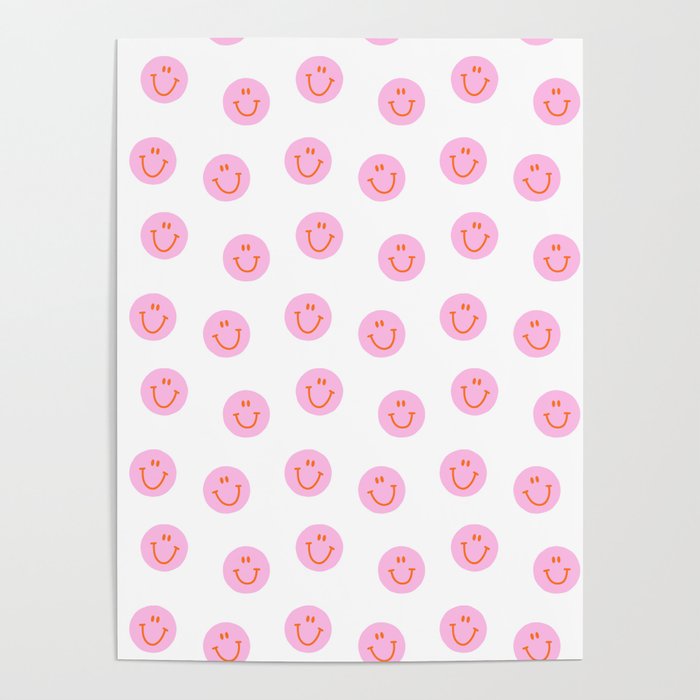 Funny Happy Face Colorful Pink Cartoon Seamless Pattern Poster