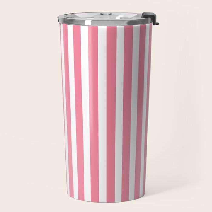 Rose Pink & White Cabana Stripe Travel Mug Gallery Image 2