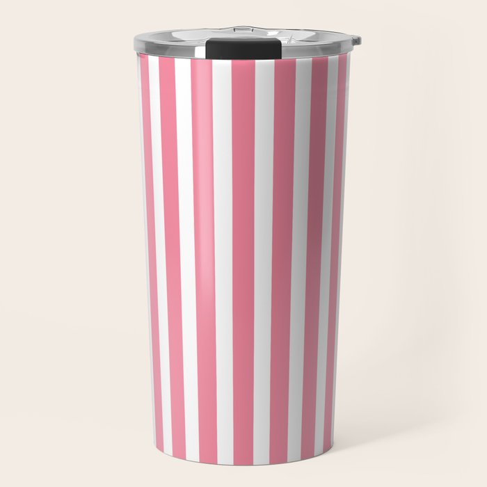 Rose Pink & White Cabana Stripe Travel Mug Gallery Image 1