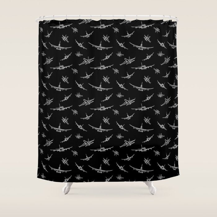 Airplanes on Black Shower Curtain Gallery Image 1