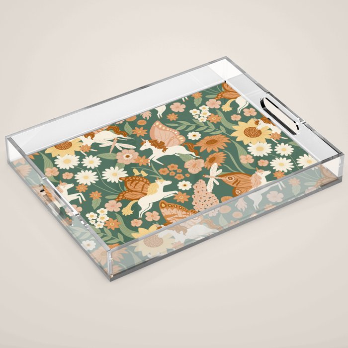 Butterfly Unicorns Frolicking in the Garden - Dark Acrylic Tray Gallery Image 1