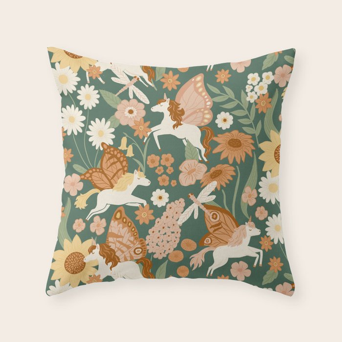 Butterfly Unicorns Frolicking in the Garden - Dark Throw Pillow Gallery Image 1