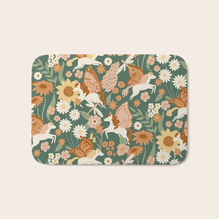 Butterfly Unicorns Frolicking in the Garden - Dark Bath Mat Gallery Image 1