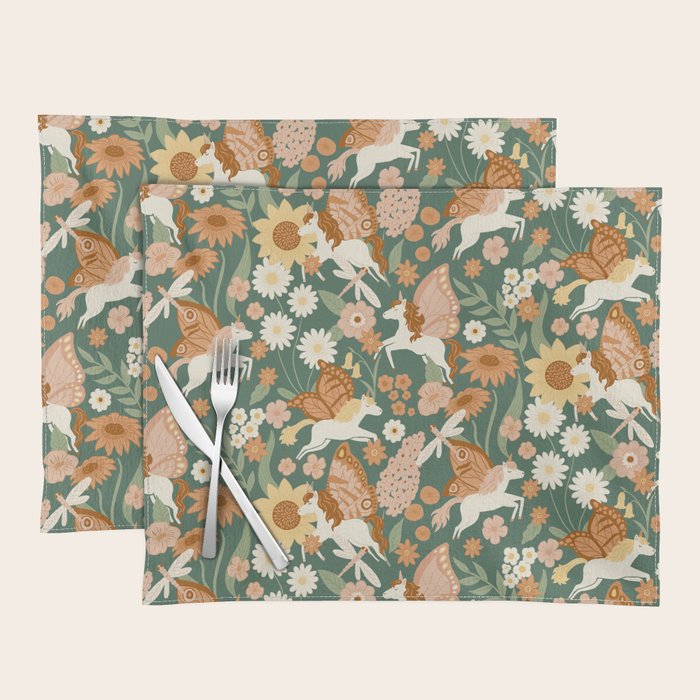 Butterfly Unicorns Frolicking in the Garden - Dark Placemat Gallery Image 1