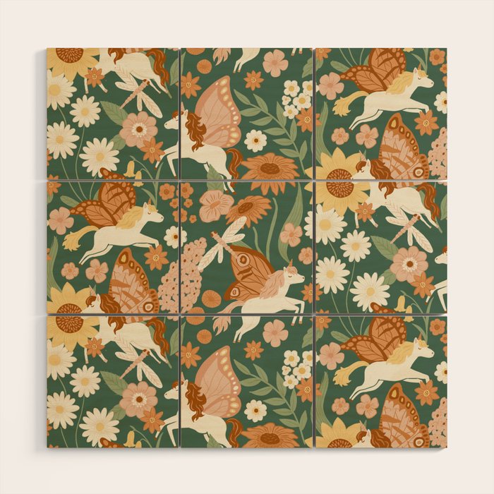 Butterfly Unicorns Frolicking in the Garden - Dark Wood Wall Art Gallery Image 1