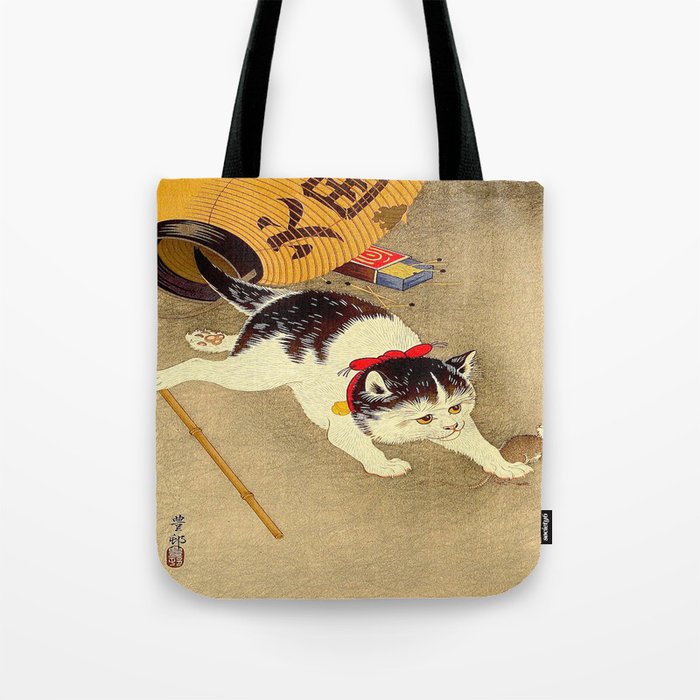 Japanese Woodblock Print Cat Lantern Playful Vintage Art Tote Bag Gallery Image 1