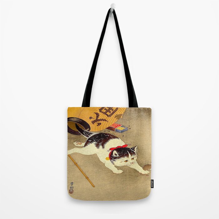 Japanese Woodblock Print Cat Lantern Playful Vintage Art Tote Bag Gallery Image 2