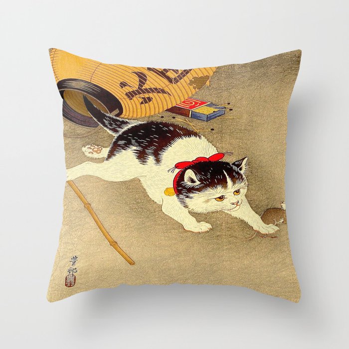 Japanese Woodblock Print Cat Lantern Playful Vintage Art Throw Pillow Gallery Image 1