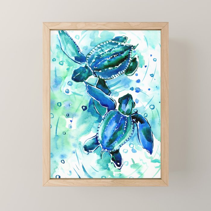 Turquoise Blue Sea Turtles in Ocean Mini Art Print Gallery Image 1