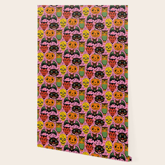 Retro Halloween in Pink - Skull Black Cat Devil Pumpkin Bat Owl Motifs Wallpaper Gallery Image 2