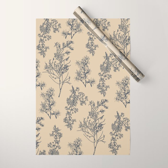 Botanical Cottage Floral Pattern in Beige and Navy Blue Wrapping Paper Gallery Image 1