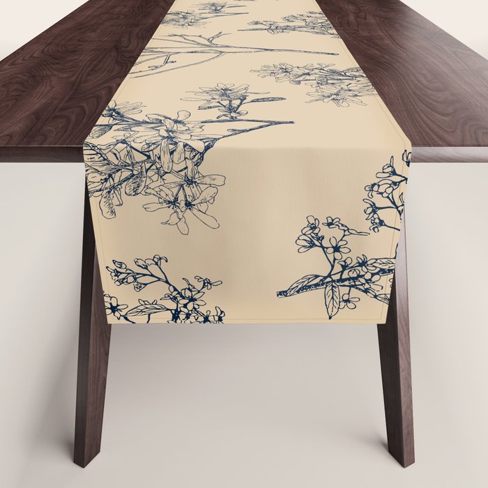 Botanical Cottage Floral Pattern in Beige and Navy Blue Table Runner Gallery Image 1
