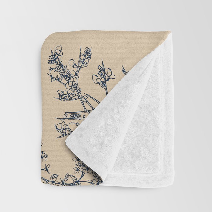 Botanical Cottage Floral Pattern in Beige and Navy Blue Throw Blanket Gallery Image 3