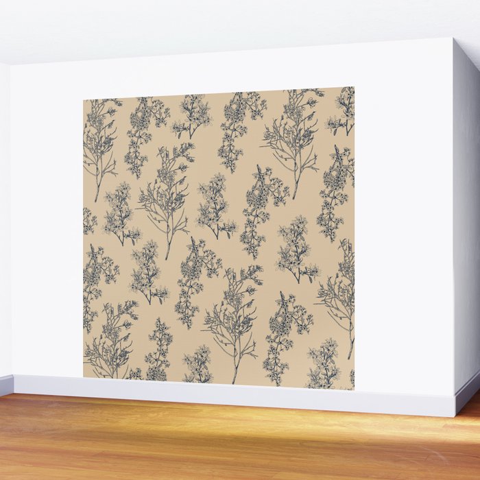 Botanical Cottage Floral Pattern in Beige and Navy Blue Wall Mural Gallery Image 2