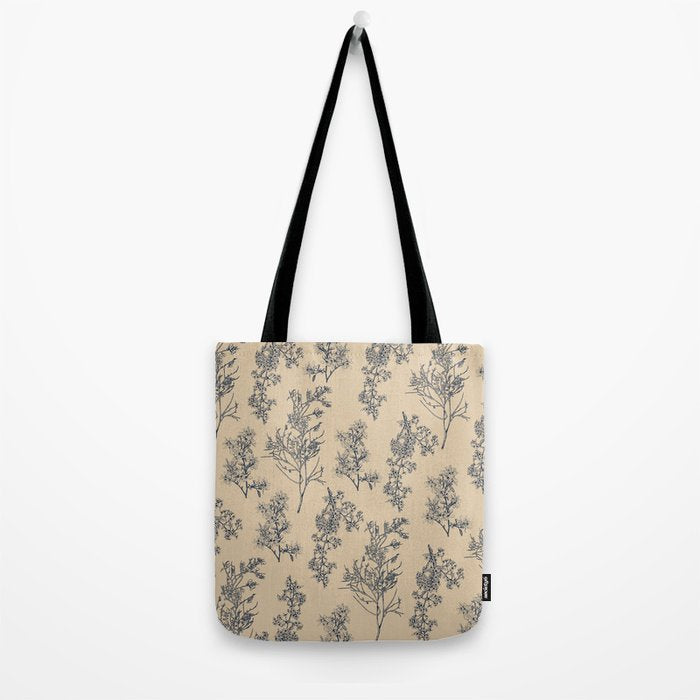 Botanical Cottage Floral Pattern in Beige and Navy Blue Tote Bag Gallery Image 2