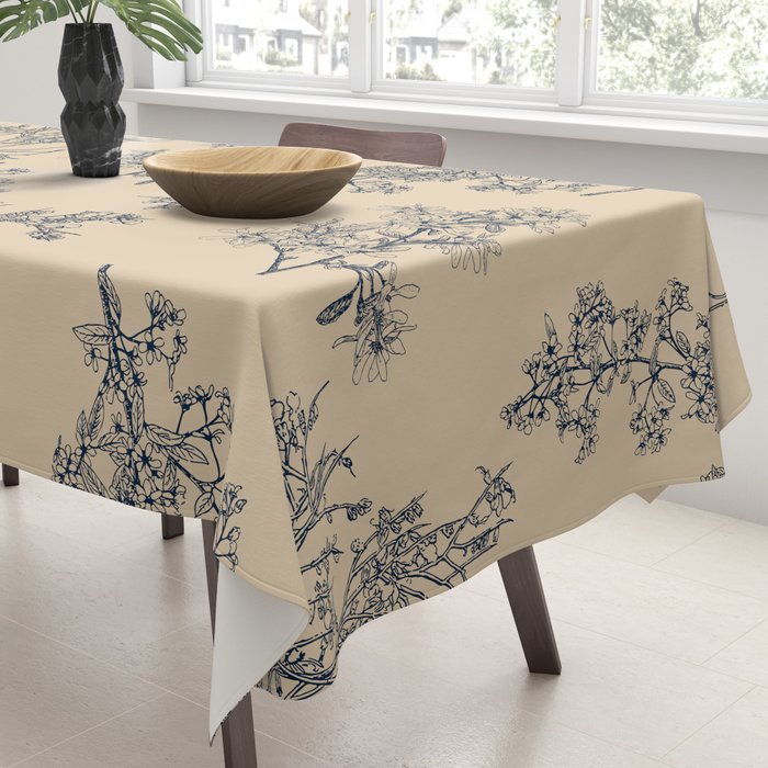 Botanical Cottage Floral Pattern in Beige and Navy Blue Tablecloth Gallery Image 3
