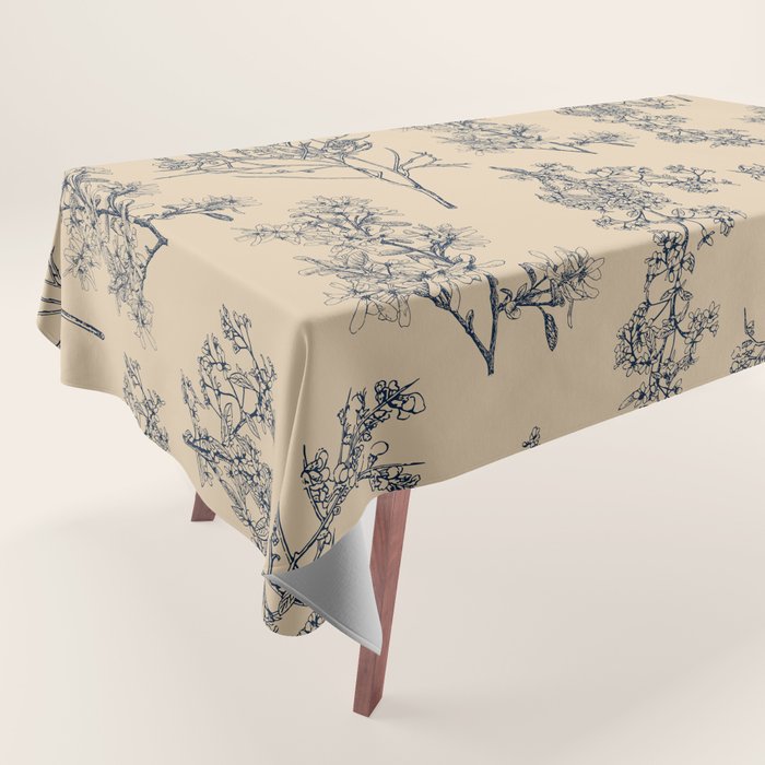 Botanical Cottage Floral Pattern in Beige and Navy Blue Tablecloth Gallery Image 1