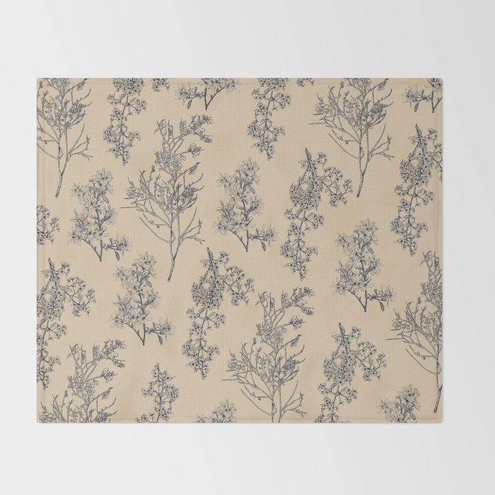 Botanical Cottage Floral Pattern in Beige and Navy Blue Throw Blanket Gallery Image 2
