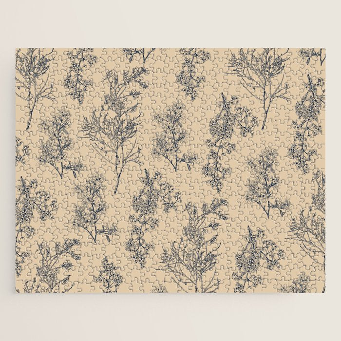 Botanical Cottage Floral Pattern in Beige and Navy Blue Jigsaw Puzzle Gallery Image 1