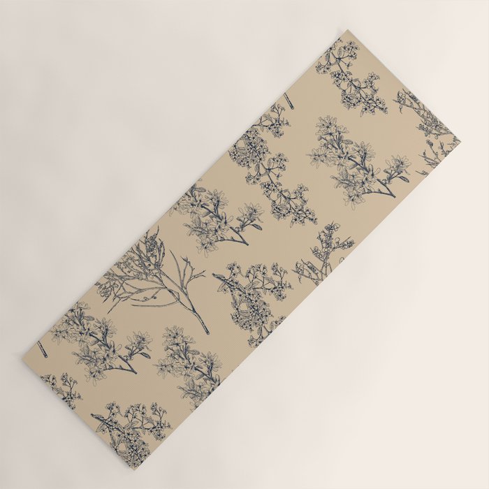 Botanical Cottage Floral Pattern in Beige and Navy Blue Yoga Mat Gallery Image 1