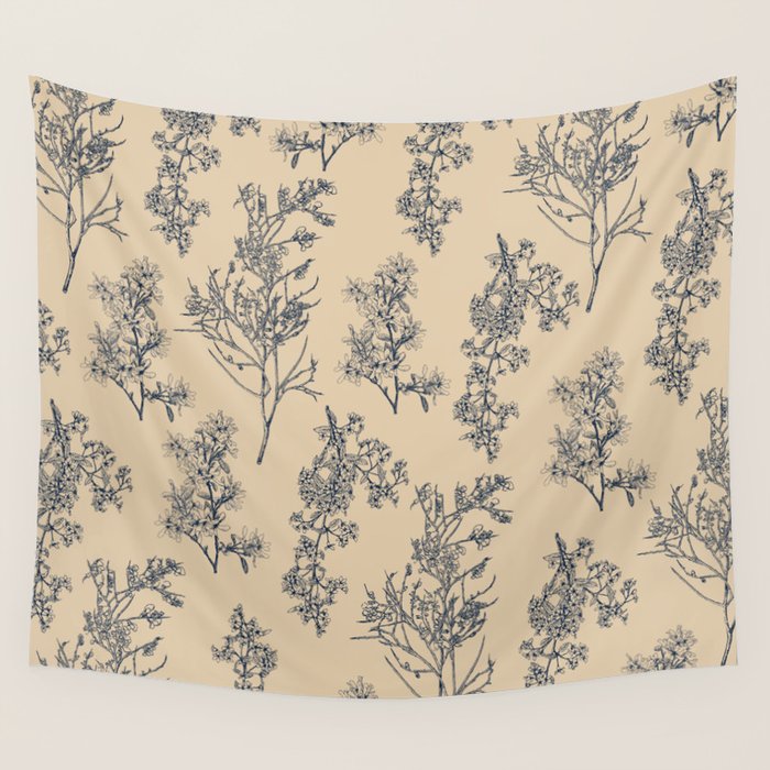 Botanical Cottage Floral Pattern in Beige and Navy Blue Wall Tapestry Gallery Image 4