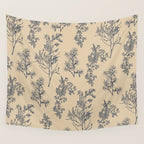 Botanical Cottage Floral Pattern in Beige and Navy Blue Wall Tapestry Gallery Image 4