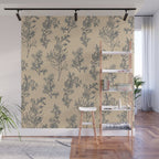 Botanical Cottage Floral Pattern in Beige and Navy Blue Wall Mural Gallery Image 1