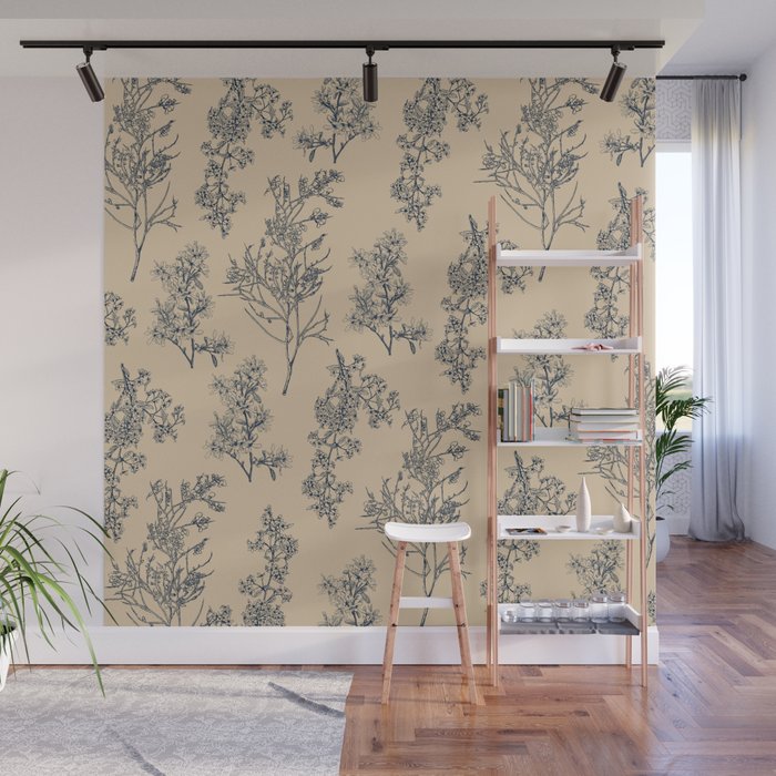Botanical Cottage Floral Pattern in Beige and Navy Blue Wall Mural Gallery Image 1
