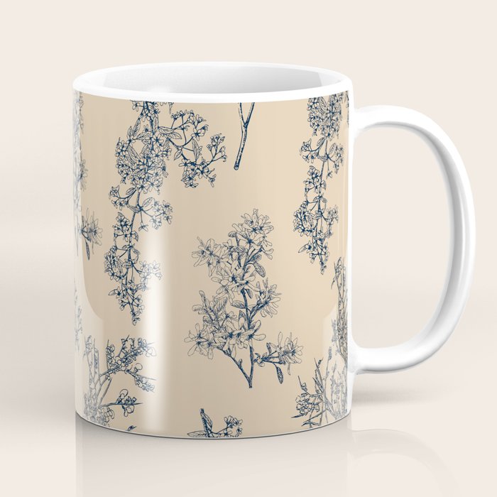 Botanical Cottage Floral Pattern in Beige and Navy Blue Coffee Mug Gallery Image 1